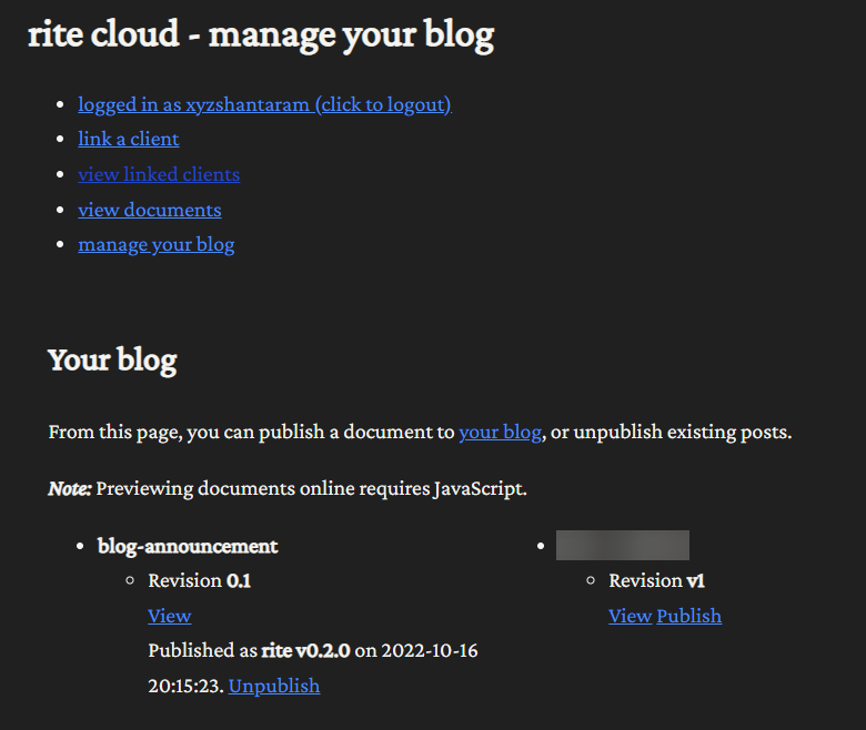 Rite blog management page